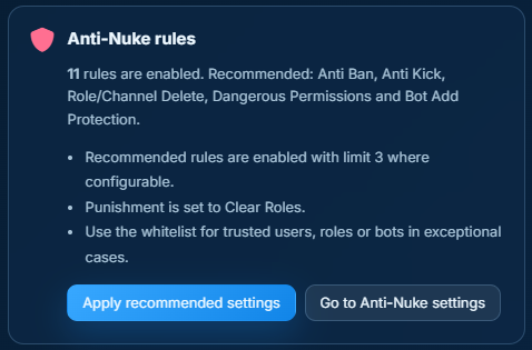 Screenshot of recommended Anti-Nuke settings