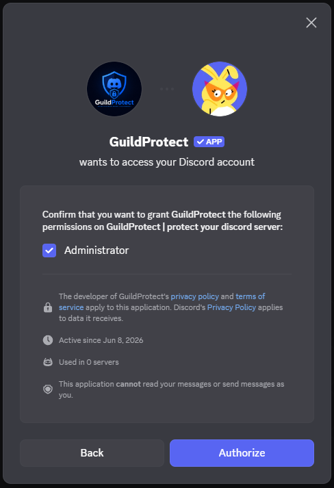 Screenshot of bot permissions or the guide warning block