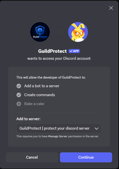 Screenshot of the Discord invite with enabled permissions